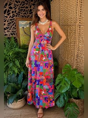 70s Vintage Vibrant Colorful Halter Maxi Dress